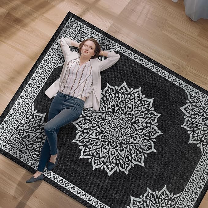 CAMILSON Outdoor Rug, 6x9 Medallion Black White Modern Area Rugs for Indoor and Outdoor Patios, Kitchen and Hallway Mats, Washable Porch Deck Outside Carpet (Medallion Black, 6 x 9)-Ruum Studio Home