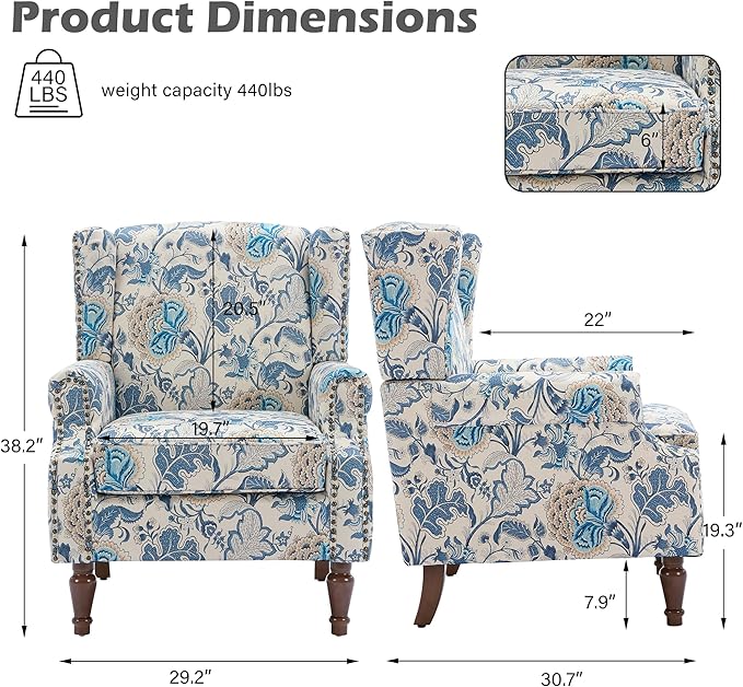 UIXE High Back Floral Accent Chairs Set of 2, Upholstered Armchair in Fabric, Retro Printed Wingback Arm Chair for Living Room, Nailhead Trim Single Sofa Bedroom Reading Seat - Boho Blue-Ruum Studio Home