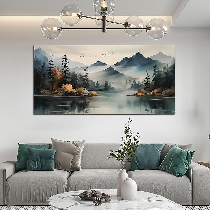 Rustic Wall Art for Living Room Large Size Teal Mountain Tree Landscape Canvas Wall Art for Bedroom Office Decor 29 x 59 Inch-Ruum Studio Home