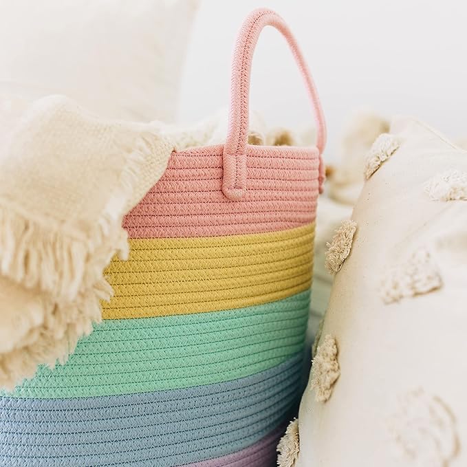 OrganiHaus Cute Basket for Pastel Rainbow Classroom Decor 20x13, Toy Basket Storage for Kids Room, Toy Bins for Kids Organizer, Large Blanket Basket Living Room, Rainbow Storage Bins, Nursery Hamper-Ruum Studio Home