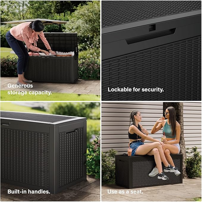 100 Gallon Double-Wall Resin Deck Box - Lockable Waterproof Outdoor Storage Box, 1000lbs Capacity & Doubles as Seating for Patio Furniture - Garden Tools, Pool Accessories (Black)-Ruum Studio Home
