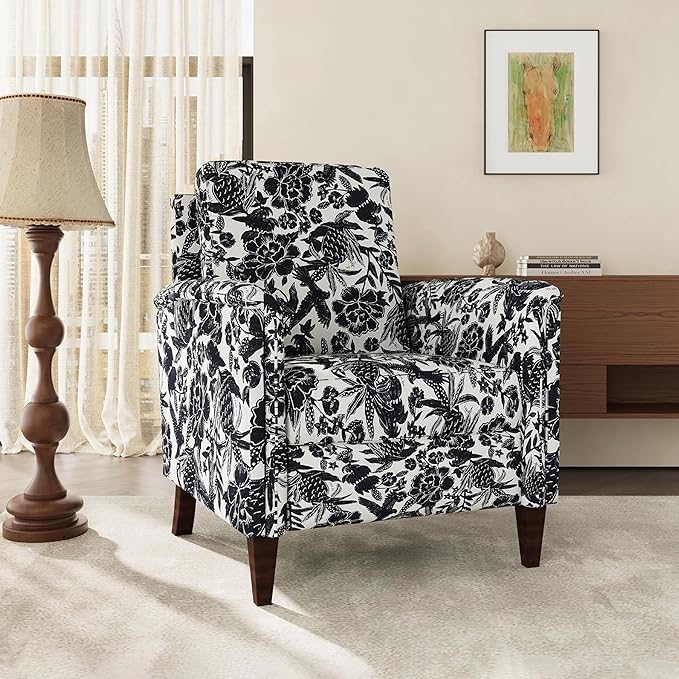 Floral Accent Chair, High Back Upholstered Armchair with Solid Wooden Legs, Padded Armrest and Removable Comfortable Cushioned Seat Single Sofa for Living Room, Bedroom, Black-Ruum Studio Home