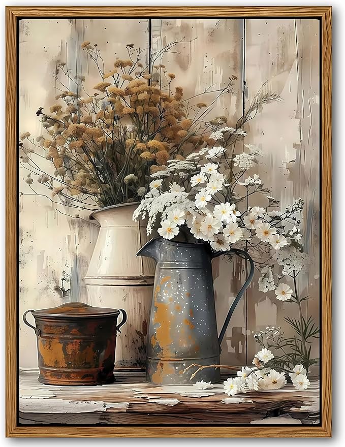 Floating Framed Farmhouse Vintage Canvas Wall Art, Country Floral Daisy Pictures Wall Decor, Wood Grain Art Paintings Poster for Living Room Bedroom Bathroom Rustic Decor 8x10 inch-Ruum Studio Home