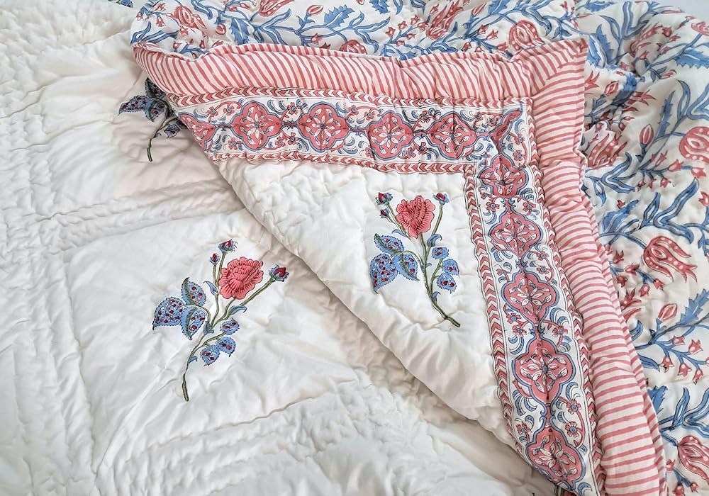 Queen Size Rose Pink Cotton Throw Blanket – Hand Block Printed 90x108 Bedspread – Lightweight Soft Quilt for Sofa, Couch, or Bed – Cozy All-Season Boho Blanket-Ruum Studio Home