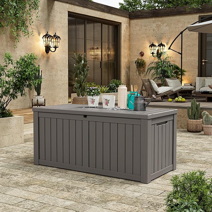 KAMABOKO Outdoor Storage Box, 120 Gallon Large Outdoor Resin Deck Box, Storage Waterproof Boxes Lockable Lid for Garden Tools, Pool Supplies, Patio Furniture and Cushions, Grey-Ruum Studio Home