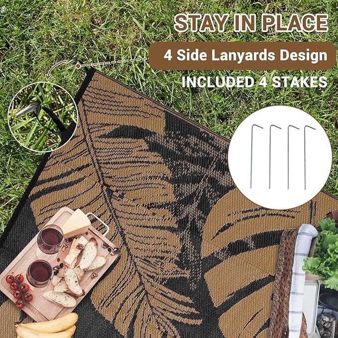 GAOMON Outdoor Patio Rug 9x18 Waterproof Outdoor Plastic Straw Rug Reversible Camping Mat, Foldable Portable RV Picnic Carpet with Bag & 4 Stakes, UV Resistant Outside Carpet for Deck Balcony, Brown-Ruum Studio Home