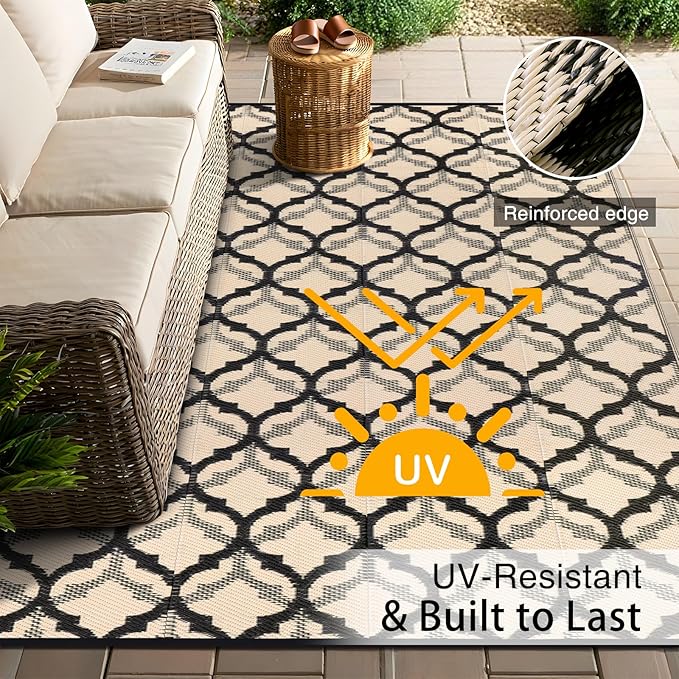 OLANLY Reversible Outdoor Rug 6x9 ft Clearance, Waterproof Outdoor Plastic Straw Rug with Interlacing Pattern, RV Mat for Patio, Camping, Balcony, Deck, Backyard, Black & Beige-Ruum Studio Home