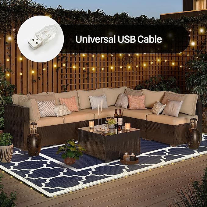 GENIMO 6' x 9' Outdoor Rug Waterproof for Patio Decor, Foldable Reversible Plastic Straw Area Rugs Mat with String Light, Led Carpet for Camper, Rv, Deck, Porch, Picnic, Beach, Balcony, Blue & White-Ruum Studio Home