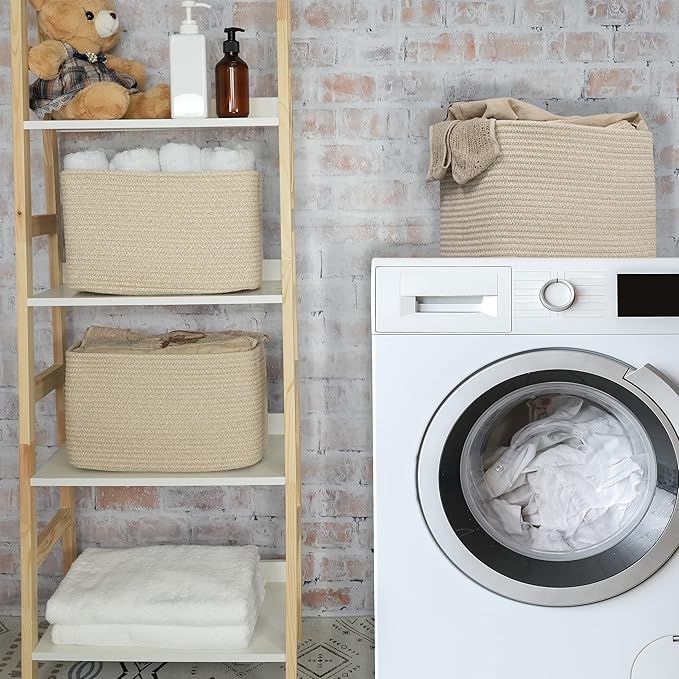 Rope storage Basket Bins Woven Basket for Organizing Shelves Rectangle Decorative Baskets For storage Clothes Toys Books Towels Square Wicker Nursery basket organizer 3 pack Oatmeal-Ruum Studio Home