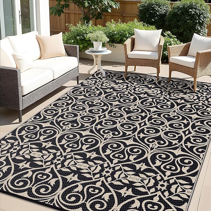 OLANLY Outdoor Rug Waterproof 9x12 ft Clearance, Reversible Outdoor Plastic Straw Rug with Floral Pattern, RV Mat for Patio, Camping, Balcony, Deck, Backyard, Black & Beige-Ruum Studio Home