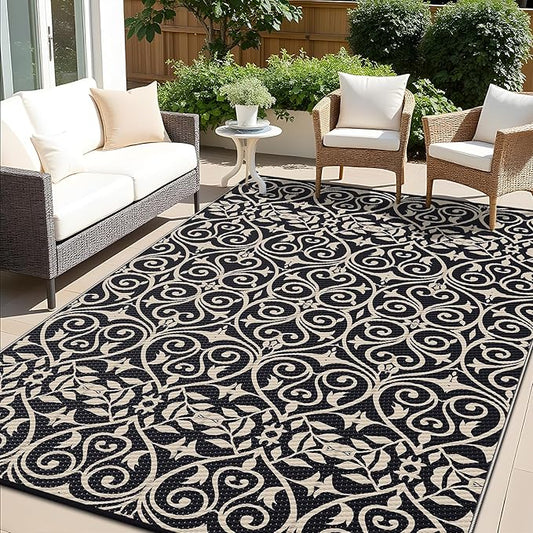 OLANLY Outdoor Rug Waterproof 8x10 ft Clearance, Reversible Outdoor Plastic Straw Rug with Floral Pattern, RV Mat for Patio, Camping, Balcony, Deck, Backyard, Black & Beige-Ruum Studio Home