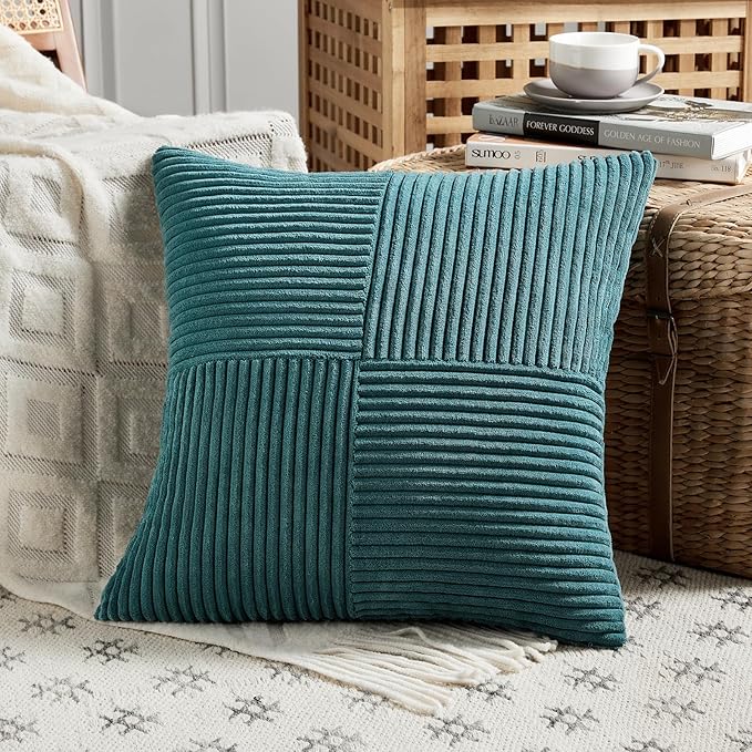 Fancy Homi 2 Packs Teal Decorative Throw Pillow Covers 22x22 Inch for Living Room Couch Bed Sofa, Rustic Farmhouse Boho Home Decor, Soft Corss Corduroy Patchwork Accent Square Cushion Case 55x55 cm-Ruum Studio Home