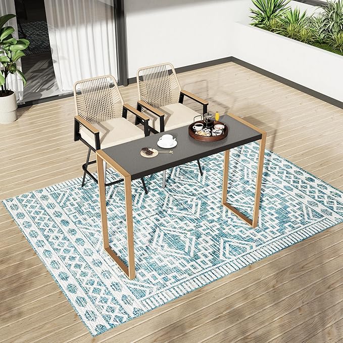 PHI VILLA Outdoor Bar Table for 2-4 Person - 55" W x 40" H Bar Height Patio Bistro Table with Stone Texture Top & Adjustable Non-Scratch Feet for Garden, Backyard, Poolside, Balcony, Patio Dining-Ruum Studio Home