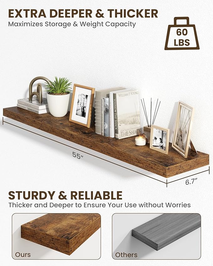 Marsmiles 55" Floating Shelves for Wall, Wooden Shelves with Invisible Brackets Set of 2, Rustic Farmhouse Wall Mounted Shelf for Kitchen Bathroom Living Room Study, Rustic Brown-Ruum Studio Home