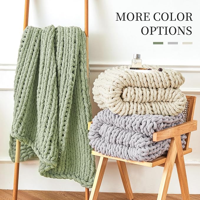 Admitrack Chunky Knit Blanket Throw, 100% Hand Knit Chenille Throw Blanket for Sofa & Home Decor, Soft and Cozy Knitted Throw Blankets (Ivory，40"x50")-Ruum Studio Home