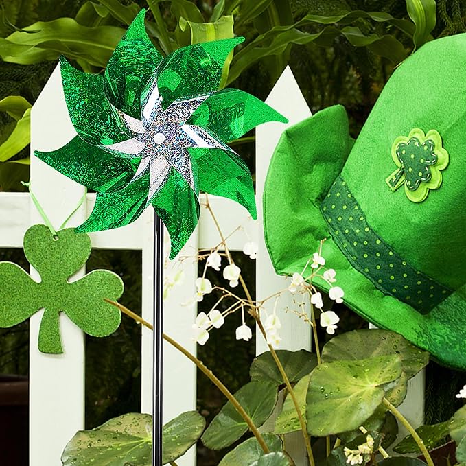 Hausse 10 Pack Reflective Pinwheels Holiday Decor, Extra Sparkly Wind Sculptures for St. Patrick's Day Decorations Party Supplies, Deterrent to Scare Birds Away from Garden Yard Patio Farm, Green-Ruum Studio Home
