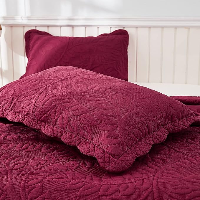 MarCielo 3-Piece 100% Cotton Oversized Bedspread Lightweight Quilt Coverlet Embroidery Farmhouse Bedding Set T0 (Wine Burgundy, Oversized Queen (100"x106"))-Ruum Studio Home