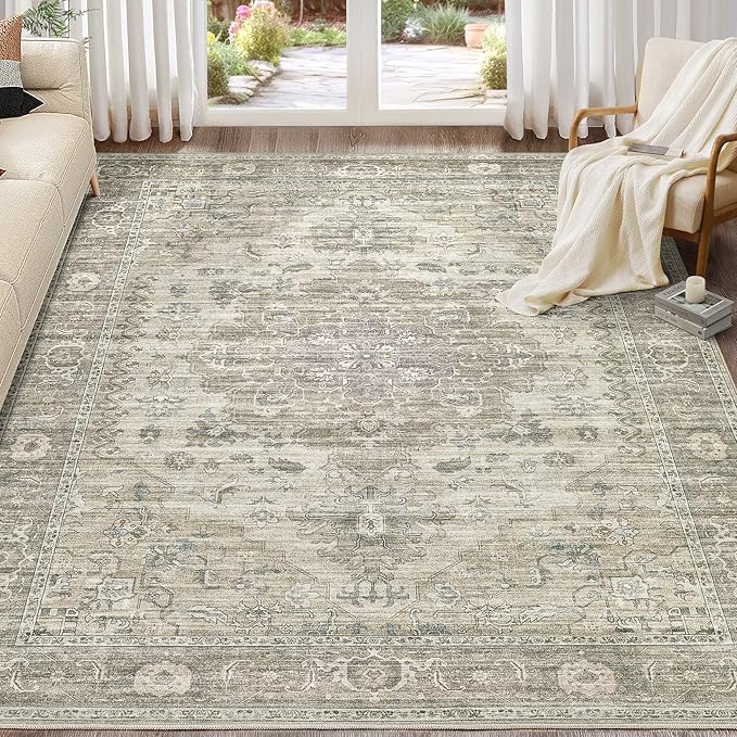 Washable Area Rugs for Living Room - 7x9 Neutral Vintage Distressed Floral Farmhouse Boho Large Soft Floor Rug Indoor Non Slip Carpet for Living Room Bedroom Dining Room Office - Brown/Tan-Ruum Studio Home