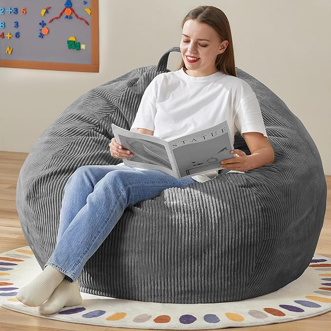 Hobestluk 3.5FT Bean Bag Chair Large Bean Bag with Filler Included Bean Bag Chairs for Adults Teardrop Bean Bag Chair with Removable Cover for Bedroom Living Room - (Large, Grey)-Ruum Studio Home