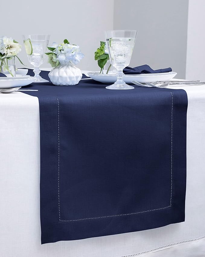 Solino Home Linen Navy Table Runner 90 Inches Long - 100% Pure Linen Hemstitch 14 x 90 Inch Table Runner for Dining, Fall, Autumn, Thanksgiving - Classic Hemstitch-Ruum Studio Home