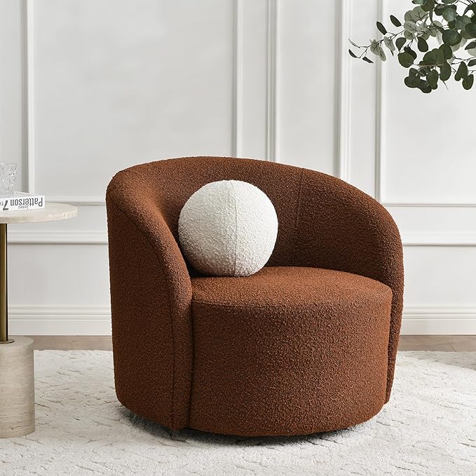 KINWELL Sherpa Swivel Barrel Chair & Round Ball Pillow Set - 34" Wide Modern Boucle Accent Chair with 9” Matching Nordic Decorative Throw Pillow for Living Room and Bedroom(Brown)-Ruum Studio Home