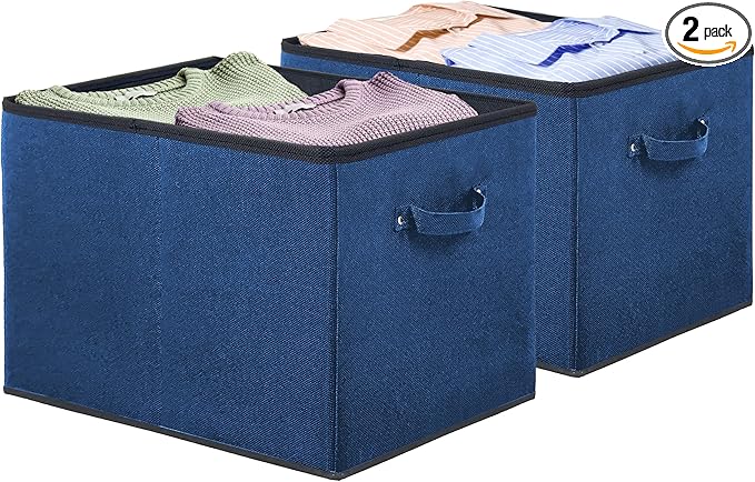 SIMPLE HOUSEWARE 15 x 13 Inch Collapsible Fabric Storage Bin with Handles, 2 Pack, Steel Blue-Ruum Studio Home