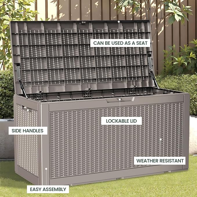 100 Gallon Storage Box, Waterproof Resin Deck Box with Hydraulic Piston Design, Lockable Storage Bench for Package Delivery, Storage Bin for Patio Cushions, Garden Tools, Grey-Ruum Studio Home