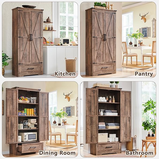 72" Tall Wood Storage Cabinet, Farmhouse Kitchen Pantry Cabinet with Adjustable Shelves & Drawer & Barn Doors, Versatile Storage for Kitchen, Dining Room, Bathroom, Light Brown-Ruum Studio Home
