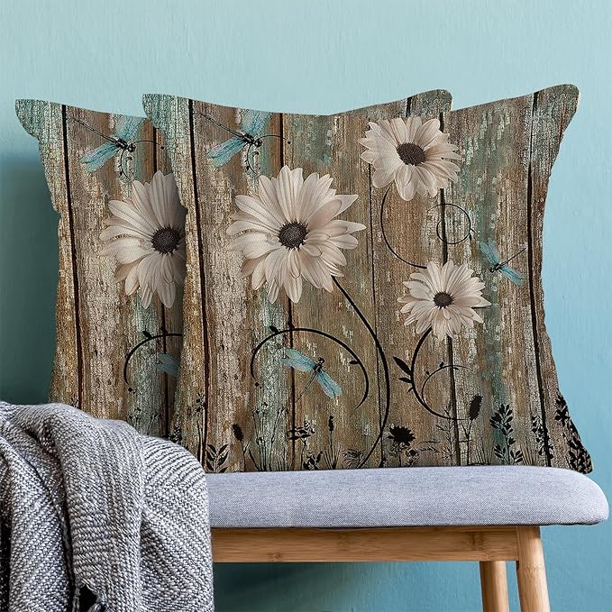 CXMEIFLY Spring Floral Pillow Covers 18 x 18 Inch Set of 2 for Brown Wood Texture Daisy Flowers Decor Throw Pillows Dragonfly Plant Floral Outdoor Decorative Cushion Cases for Couch Bed Decorations-Ruum Studio Home