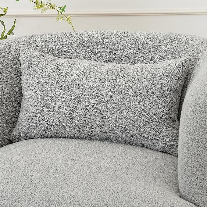KINWELL 34" Wide Sherpa Swivel Barrel Chair, No Assembly Round Boucle Upholstered Accent Chair Armchair Single Sofa Chair with Toss Pillow for Living Room and Bedroom, Gray-Ruum Studio Home