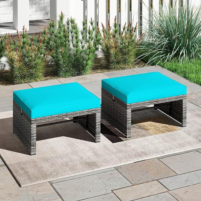 Tangkula 2 Pieces Patio PE Rattan Ottomans, Multipurpose Outdoor Footstool Footrest Additional Seating Side Table with Soft Zippered Cushions for Deck, Garden, and Yard (Turquoise)-Ruum Studio Home