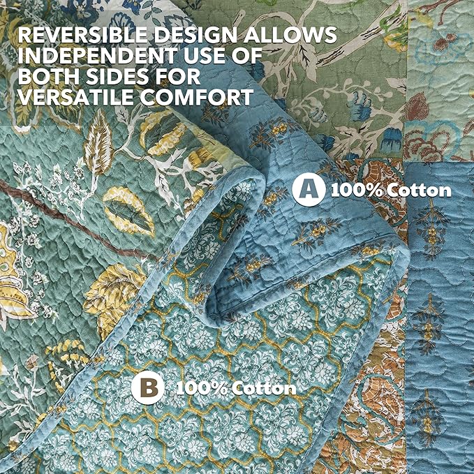 NEWLAKE Cotton Patchwork Bedspread, 3-Piece Bedding Quilt Set with Real Stitched Embroidery, Reversible Matelasse Bed Coverlet Set,Green Farmhouse Garden,King Size-Ruum Studio Home
