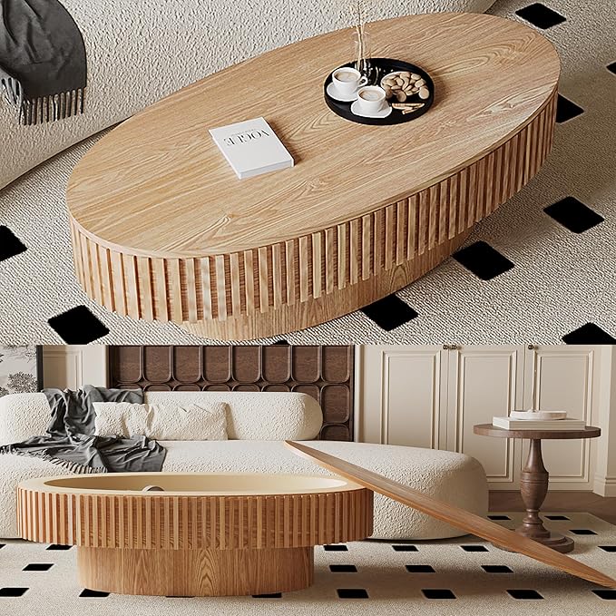 47.2''Oval Coffee Table with Storage, Mid Century Modern Drum Center Tables with Lid Fluted Solid Wood Side Coffee Table Pedestal Tea Table for Living Room, Bedroom, Apartmen-Natural-Ruum Studio Home