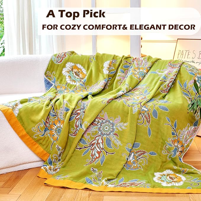 Boho Throw Blanket 80" x 90", 100% Organic Cotton Breathable Ultra Soft Bed Quilt Throw - All Season Luxury Floral Farmhouse Decor Blanket for Sofa Couch Chair and Gift. Green/Blue-Ruum Studio Home