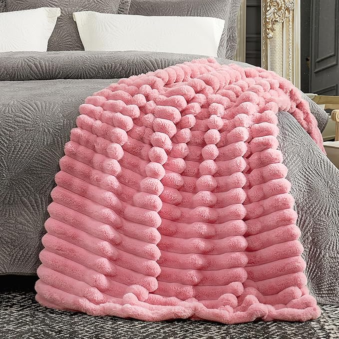 Cozy Bliss Faux Fur Throw Blanket for Couch, Cozy Warm Plush Striped Blanket for Sofa Bedroom Living Room,50 * 60 Inches Hot Pink-Ruum Studio Home