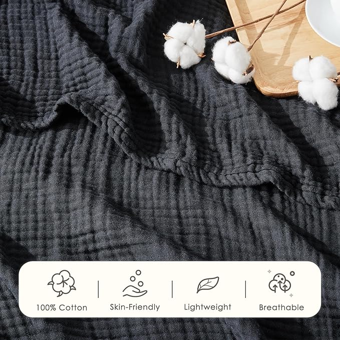 EMME Cotton Muslin King Blanket Bed Layering Breathable Gauze Blanket Soft Lightweight Blankets Adults (Black, 108"x90")-Ruum Studio Home