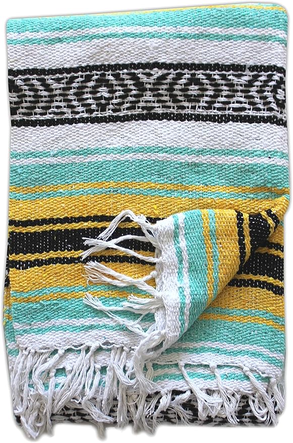 Del Mex Classic Mexican Blanket, Large Authentic Woven Falsa Throw (70"x50"), Artisan Southwest Décor for Beach, Yoga, Outdoors (Mint/Yellow)-Ruum Studio Home