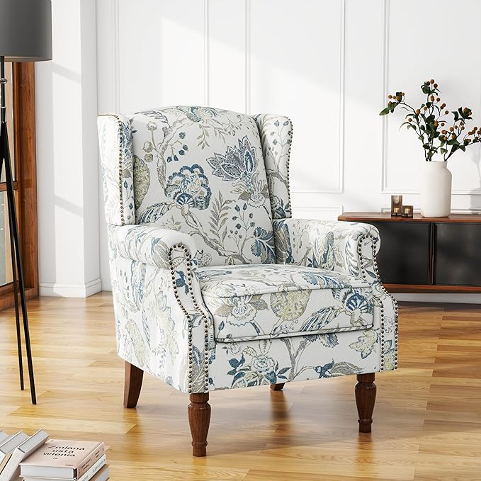 UIXE High Back Floral Accent Chair, Upholstered Armchair in Fabric, Retro Printed Wingback Arm Chair for Living Room, Nailhead Trim Single Sofa Bedroom Reading Seat - Plants Blue-Ruum Studio Home