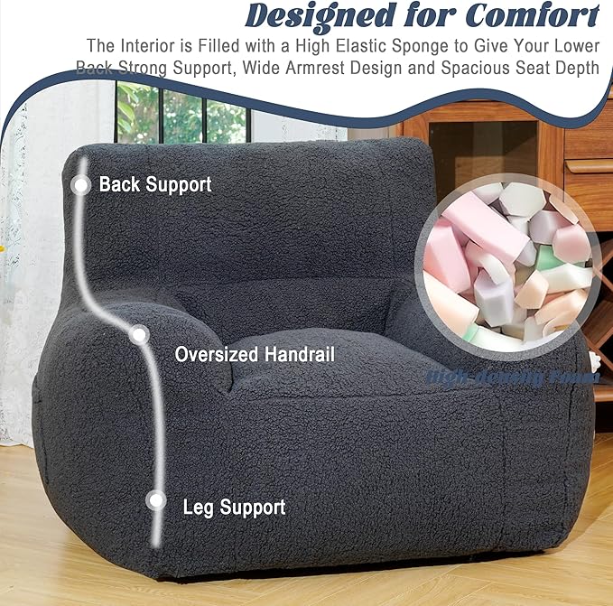 Giant Bean Bag Chair, Lambswool Bean Bag Chair for Adults, Soft Bean Bag High-Density Foam Filled, Grey Comfortable Been Bag for Bedroom, Playroom.-Ruum Studio Home