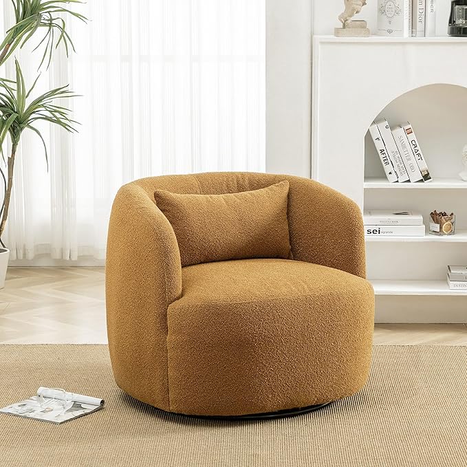 KINWELL 34" Wide Boucle Swivel Barrel Chair, No Assembly Round Upholstered Armchair Accent Chair Single Sofa Chair with Toss Pillow for Living Room and Bedroom, Brown-Ruum Studio Home