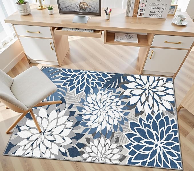 Area Rug 3x5 Blue White Washable Entry Rug Multicolored Tropical Botanical Modern Floral Indoor Kitchen Door Mat Entrance Carpet Non Slip for Bedroom Living Room, Porch-Ruum Studio Home