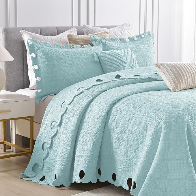 MarCielo 3-Piece 100% Cotton Oversized Bedspread Lightweight Quilt Coverlet Embroidery Farmhouse Bedding Set (TW Mint Green Blue, Oversized Queen (100"x106"))-Ruum Studio Home