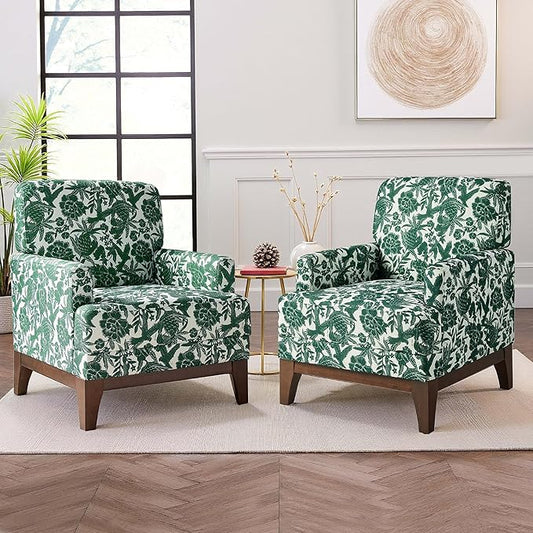 Floral Accent Armchair Set of 2, Retro Wingback Upholstered Armchair with Wide Dipped Back Design and Wooden Legs, High Back Armchair, Leisure Single Sofa Chair for Living Room, Bedroom, Green-Ruum Studio Home