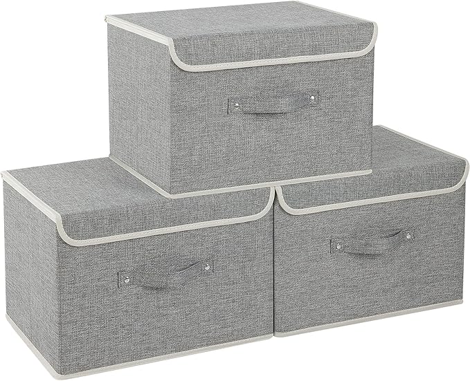 Fabric Storage Bins Cube Organizers with Flip-Top Lid and Handles,Storage Boxes for Organizing Home,Office,and Closet,Grey,3 Pack 15 x 9.8 x 9.8 in-Ruum Studio Home