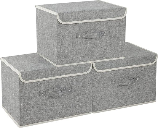 Fabric Storage Bins Cube Organizers with Flip-Top Lid and Handles,Storage Boxes for Organizing Home,Office,and Closet,Grey,3 Pack 15 x 9.8 x 9.8 in-Ruum Studio Home