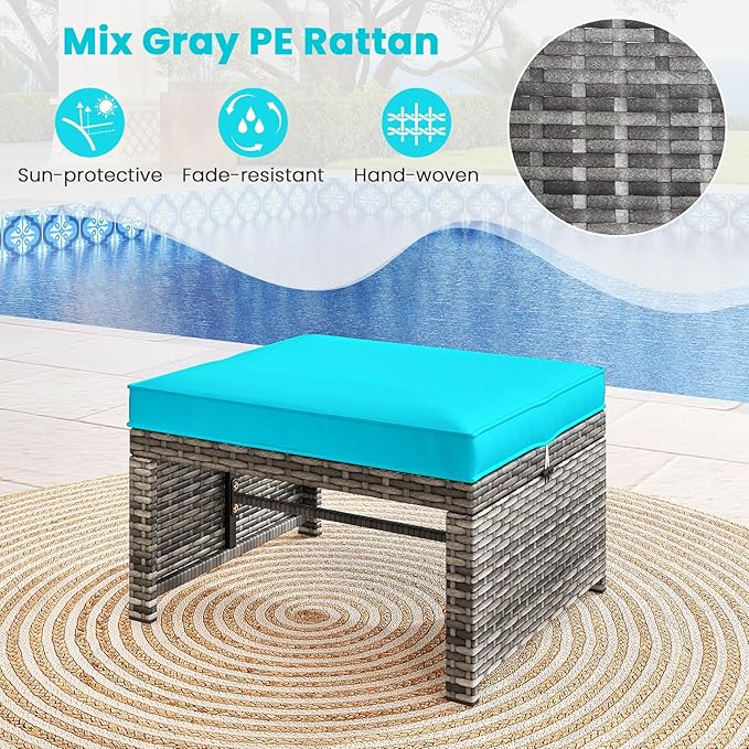 Tangkula 2 Pieces Patio PE Rattan Ottomans, Multipurpose Outdoor Footstool Footrest Additional Seating Side Table with Soft Zippered Cushions for Deck, Garden, and Yard (Turquoise)-Ruum Studio Home