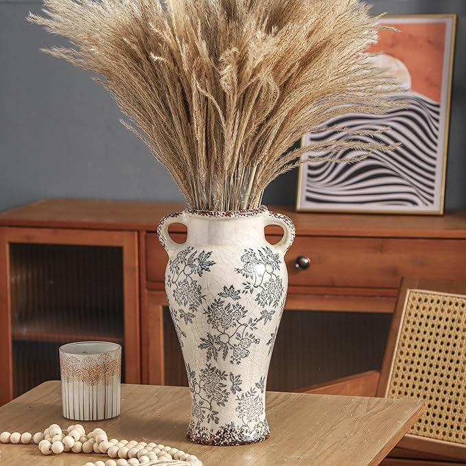 Enra Vintage vase with Handle,12.6 inch Blue and White Ceramic Decorative Flower vase, Chinoiserie Floral Vase,Large Rustic Vases for Home Decors, Living Room, Bookshelf, Office-Ruum Studio Home