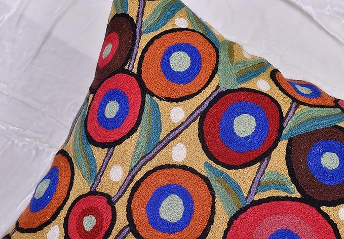 Yellow Floral Poppy Pillow Cover - Red Floral Outdoor Pillowcase - Suzani Accent Pillow - Flower Accent Cushions - Hand Embroidered Wool - Size 18x18-Ruum Studio Home