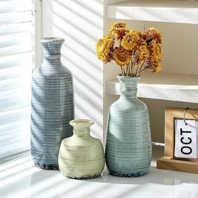 Ceramic Vase Set of 3, Rustic Neutral Vases Home Decor Farmhouse Decorative Flower Vase Modern Boho Pampass Vases for Table Mantel Entryway Shelf Living Room Kitchen Bathroom - Multicolor-Ruum Studio Home