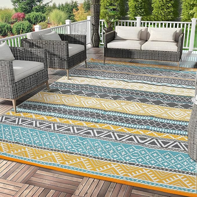 GAOMON Outdoor Plastic Straw Rug, 10'x14' Reversible Sage Green Patio Mat, Flower Modern Design for RV, Backyard, Deck, Camping, Picnic, Teal/Yellow(Bohemia)-Ruum Studio Home